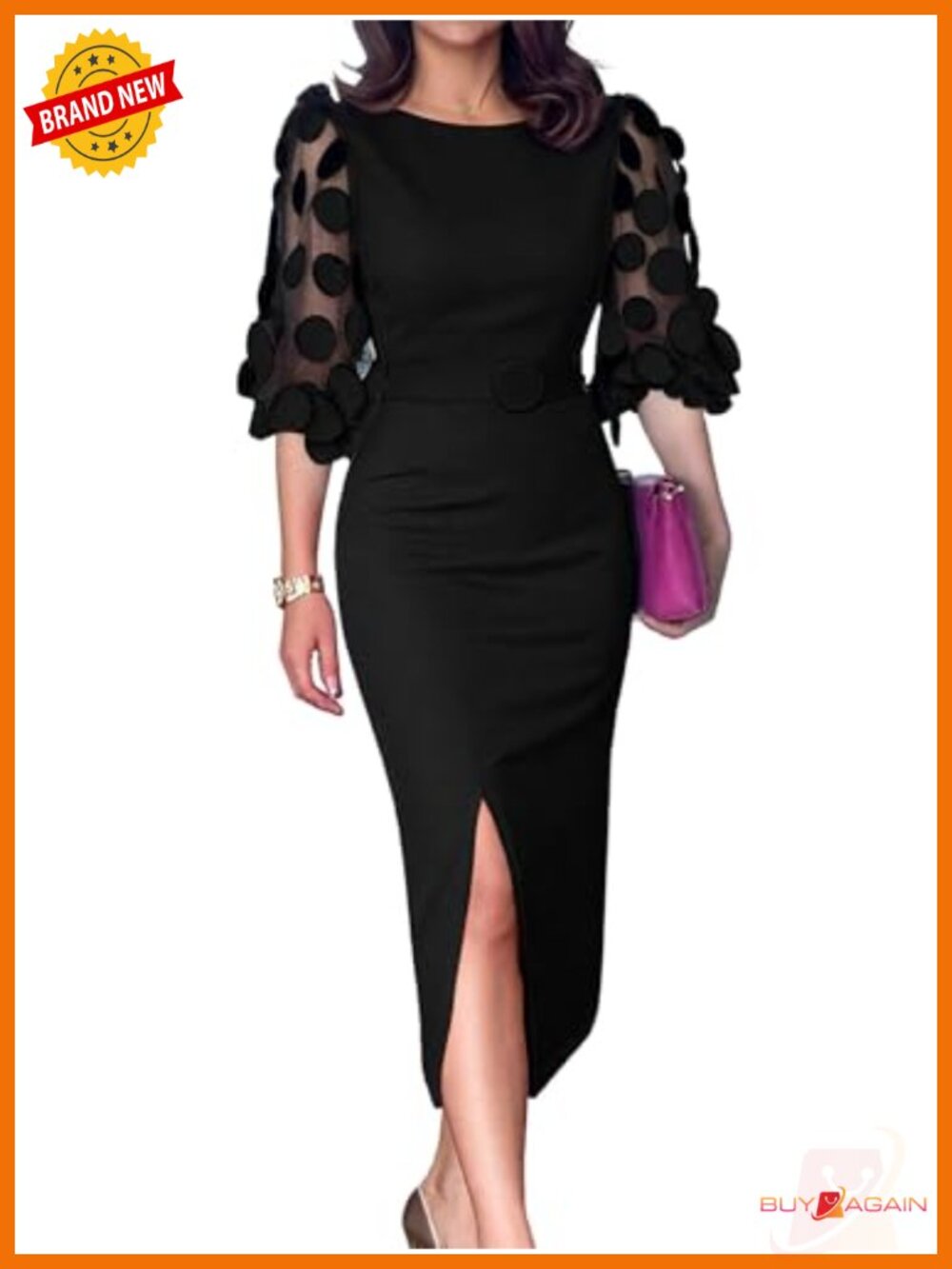 Bodycon Midi Dress Mesh Puff Sleeve Slit with Belt Cocktail Work Wedding